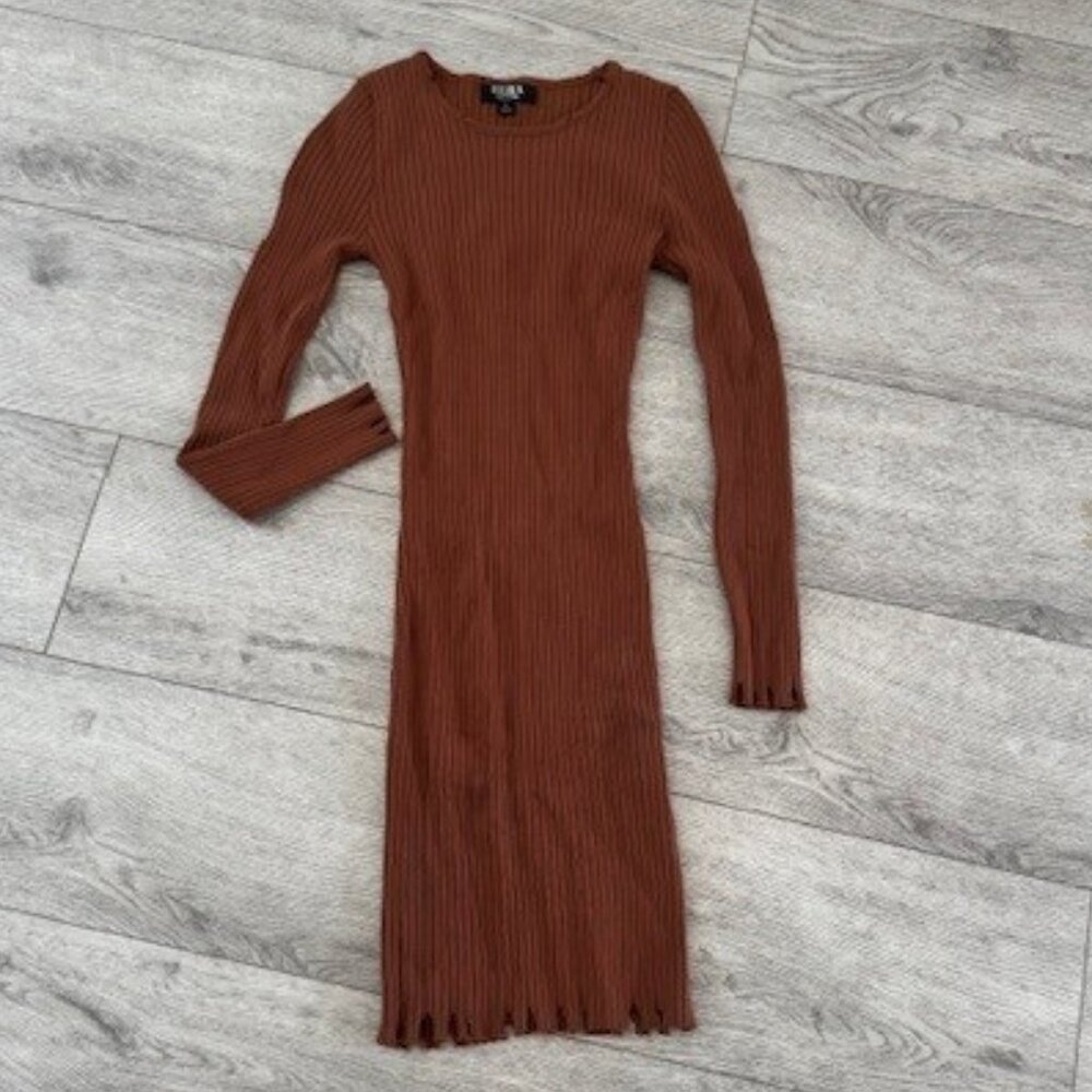 Hera Collection Rust Colored Long Sleeve Ribbed Dress with Distressed Lining